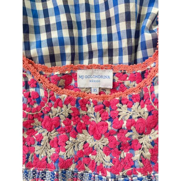 Mi Golondrina Flores Embroidered Mexican Top Blouse Blue Gingham Tuckernuck - Picture 4 of 4